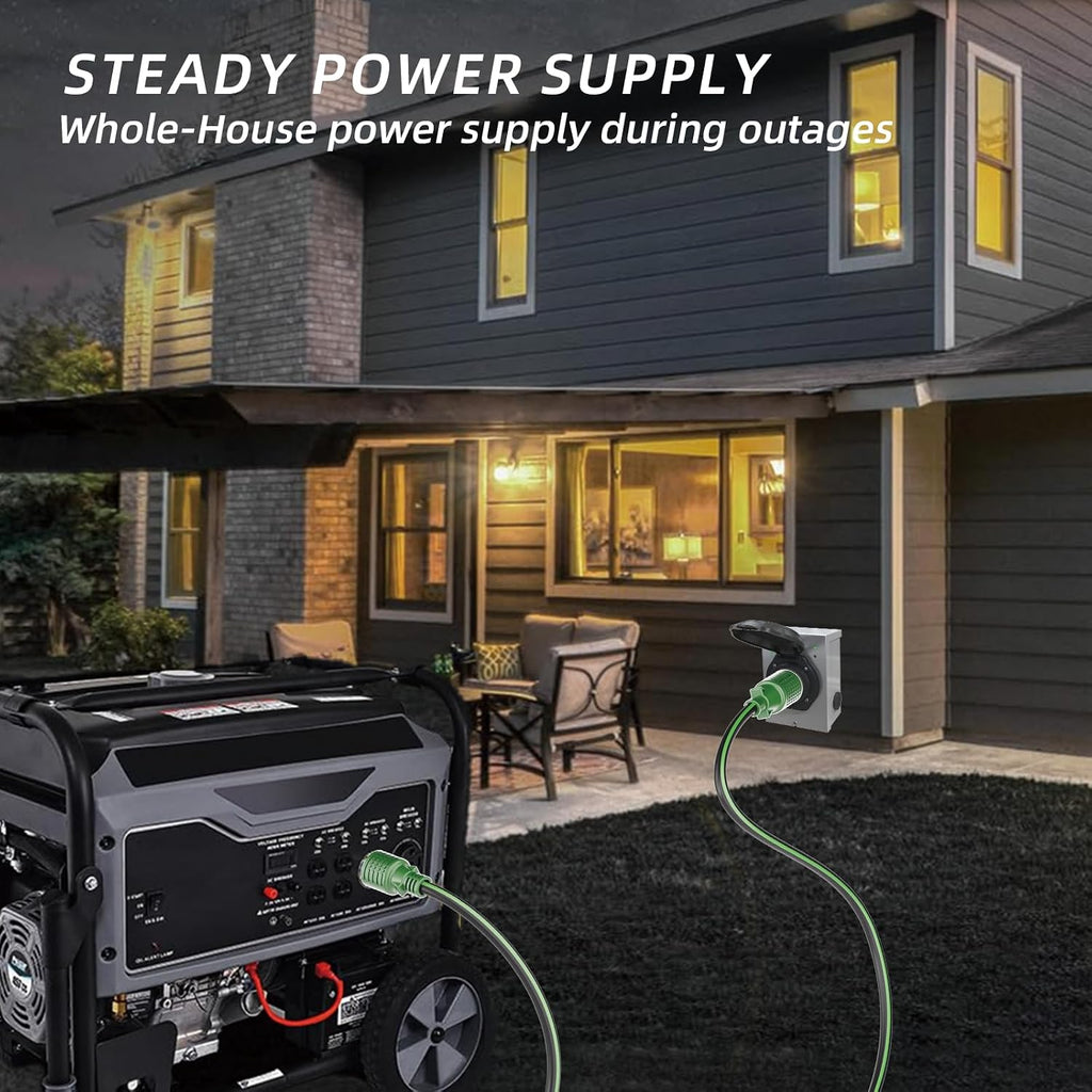 4 Prong 30 Amp Extension Generator Cord 100FT, NEMA L14-30P/L14-30R, 125/250 Volt Up to 7500 Watts, 10 Gauge SJTW Twist Lock Power Cord for Manual Transfer Switch, Black&Green, ETL Listed
