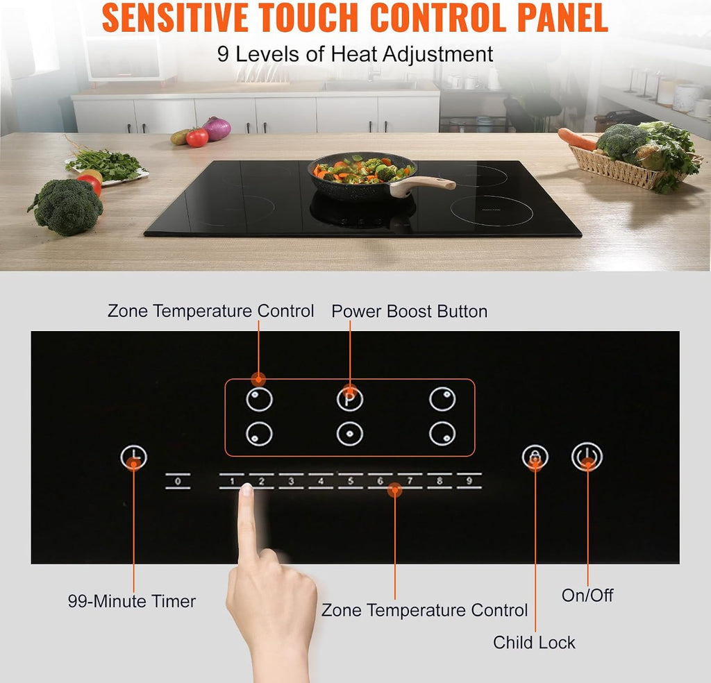 VEVOR Built-in Induction Electric Stove Top 30 Inch,5 Burners Electric Cooktop,9 Power Levels & Sensor Touch Control,Easy to Clean Ceramic Glass Surface,Child Safety Lock,240V