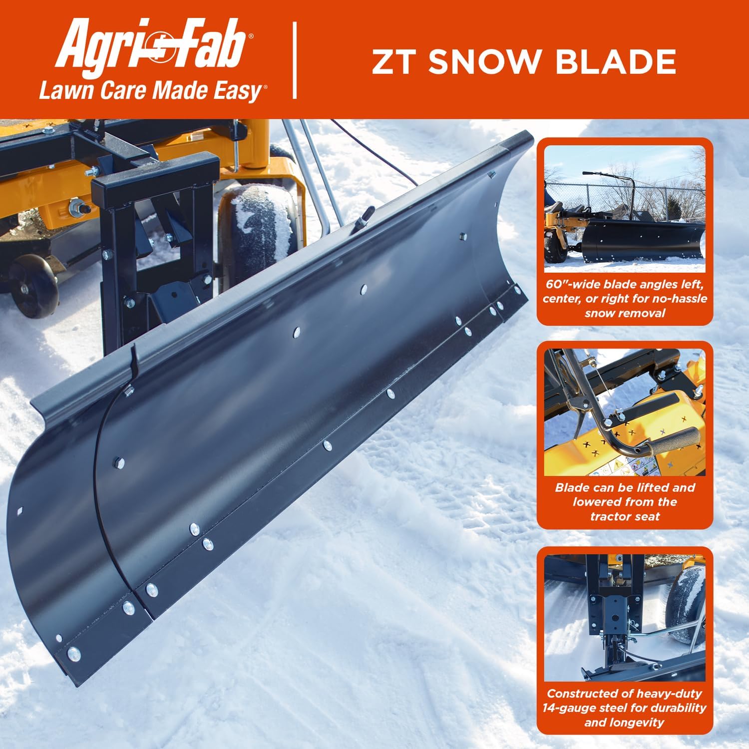 Agri-Fab 45-0613, 60-in Snow Blade for Zero Turn Lawn Mower; Swivels Left, Center and Right; Lifts Easy from seat of Tractor; Made with 14 Gauge Steel; 3 Year Limited Warranty