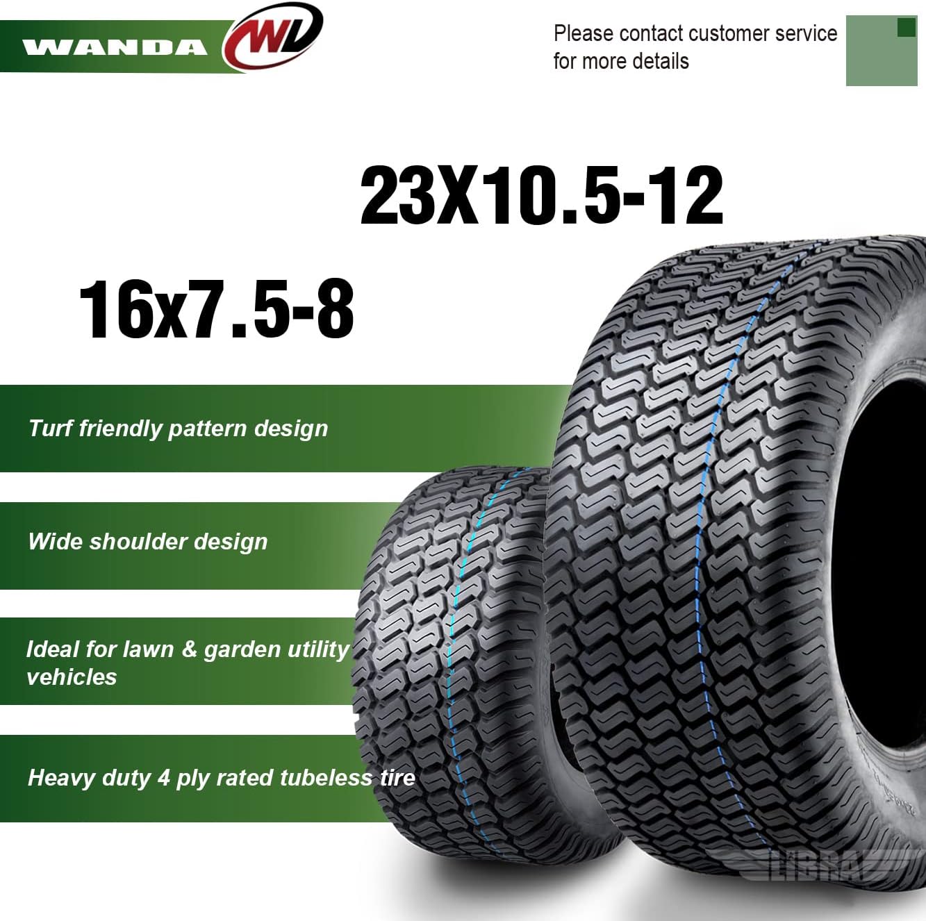 WANDA Set 4 16X7.5-8 & 23X10.5-12 Lawn Mower Tractor Cart Turf Tires 4 Ply-13020/13049
