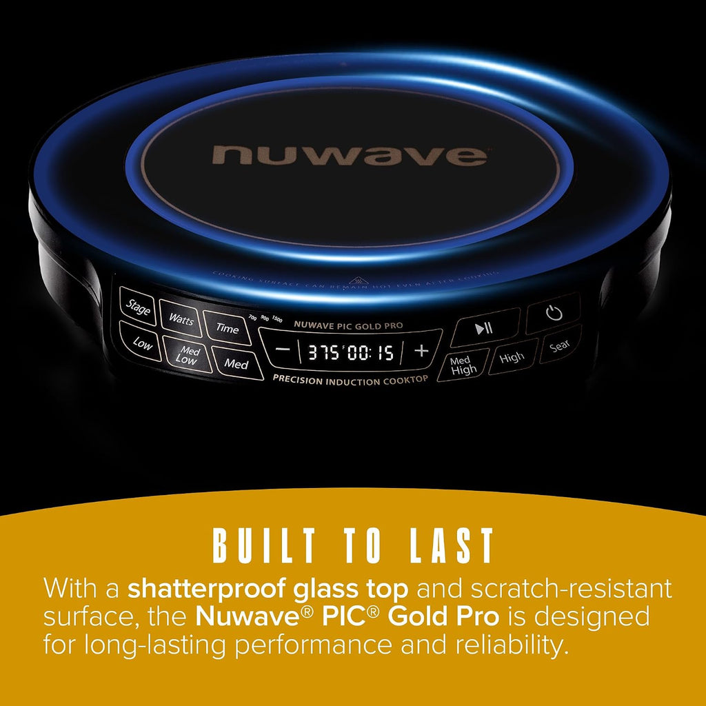 Nuwave Gold Pro Precision Induction Cooktop, Large 8' Heating Coil, 12' Heat-Resistant Cooking Surface, Adjustable Wattages,100°F to 575°F, Portable, Built-In Safety Auto Shut Off