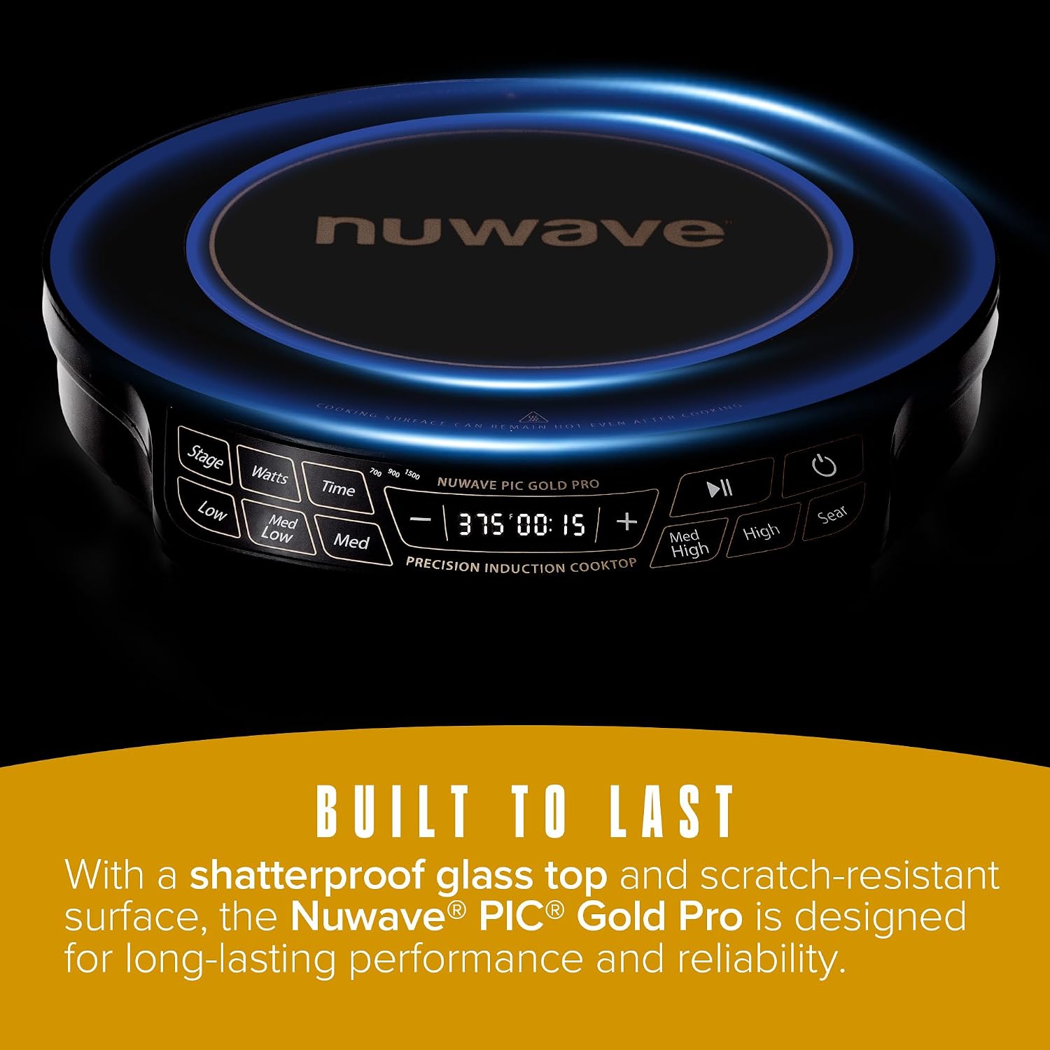 Nuwave Gold Pro Precision Induction Cooktop, Large 8' Heating Coil, 12' Heat-Resistant Cooking Surface, Adjustable Wattages,100°F to 575°F, Portable, Built-In Safety Auto Shut Off