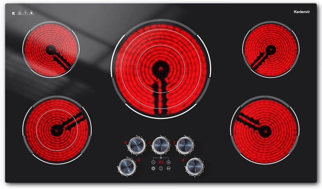 Electric Cooktop 36 Inch Karienvir, 5 Burner 9200W Electric Stove Top with Dual-Ring & Triple-Ring Burners, 220V-240V Hardwired Cooktop, 36' Cook top With Knob Control 9 Level Power, Timer, Lock