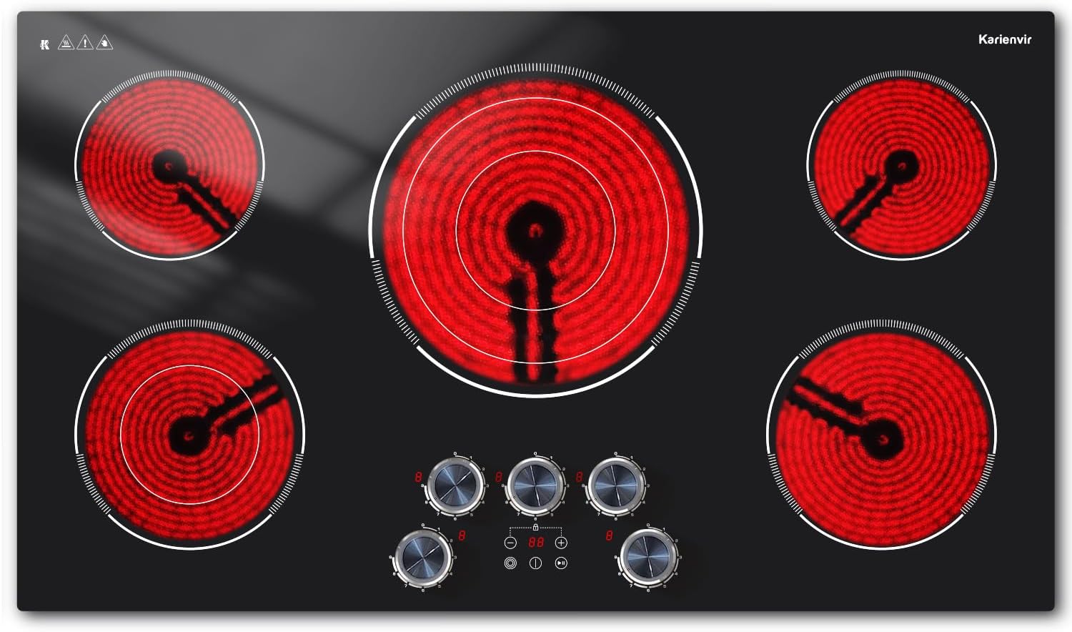 Electric Cooktop 36 Inch Karienvir, 5 Burner 9200W Electric Stove Top with Dual-Ring & Triple-Ring Burners, 220V-240V Hardwired Cooktop, 36' Cook top With Knob Control 9 Level Power, Timer, Lock