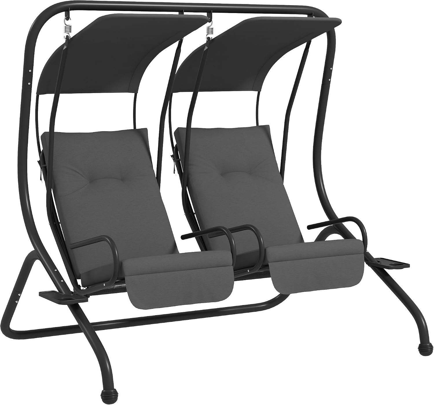 Outsunny Patio Swing Chair with 2 Separate Seats, Outdoor Swing with Removable Canopy and Cup Holders for Porch, Garden, Poolside, Backyard, Gray