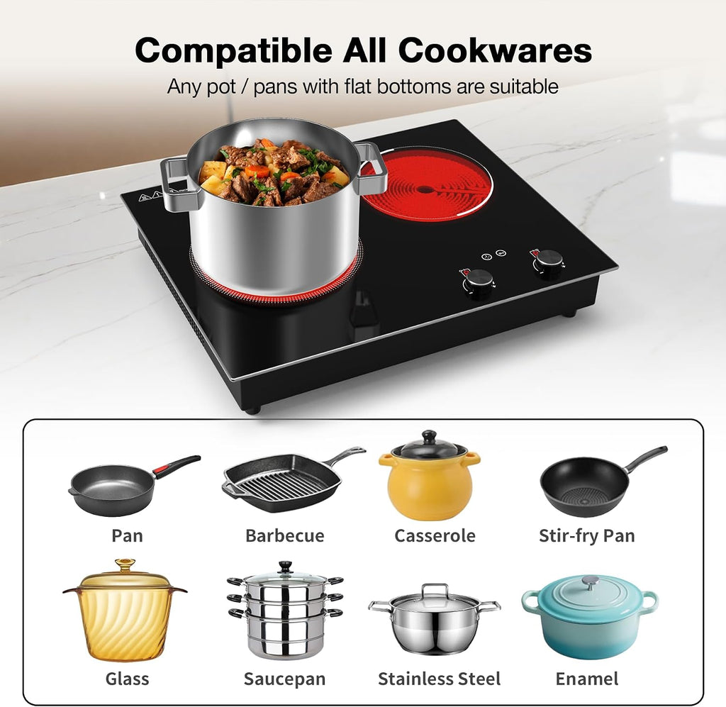 VBGK Electric Cooktop,2100W Built-in & Countertop 2 Burner Electric Cooktop,Electric Stove Top with10 Heating Level, Timer & Kid Safety Lock, LED Knob Touch Control Electric Burner with Plug