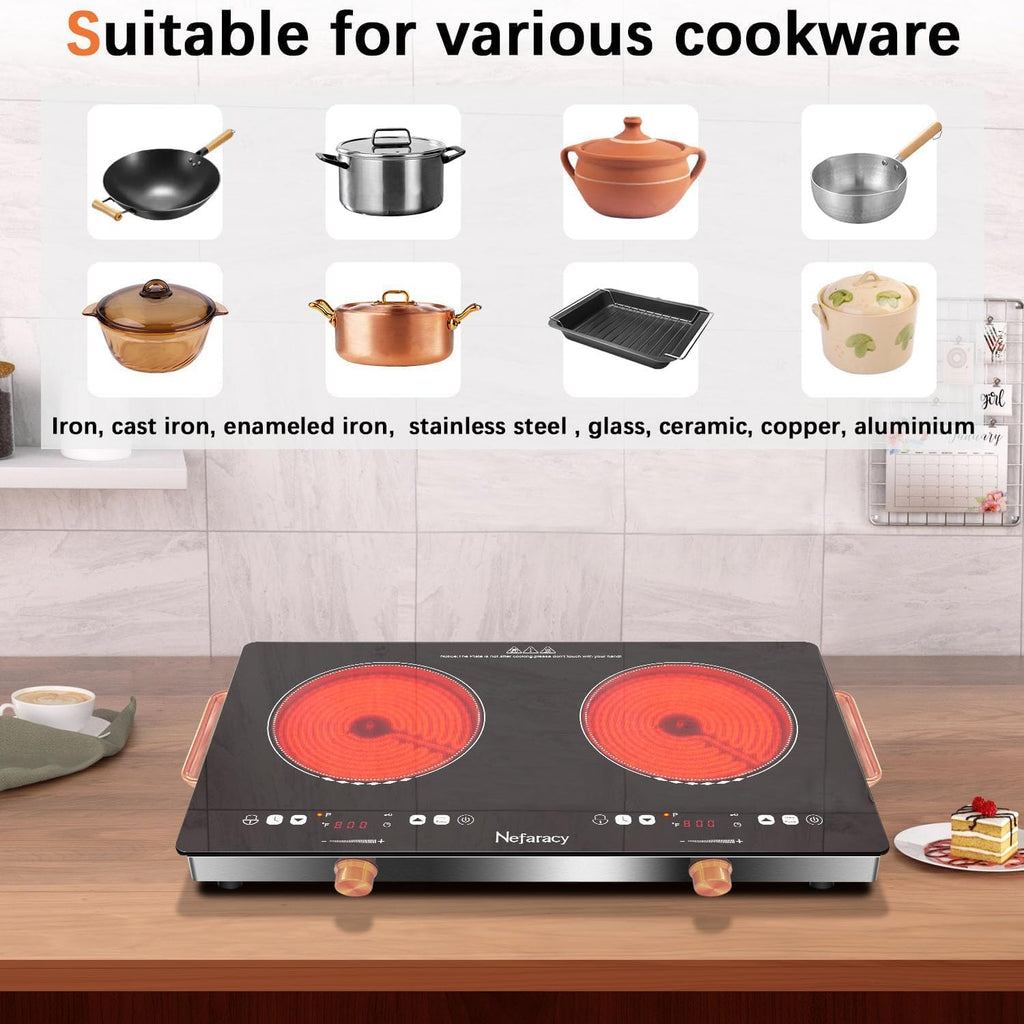 2 Burner Electric Cooktop 24 inch, 110-120V Plug in 2000W Ceramic Cooktop, Portable Electrics Stove with Handles,Touch & Knob Control, Safety Lock, 9 Heating Levels, 240Mins Timer, Overheat Protection