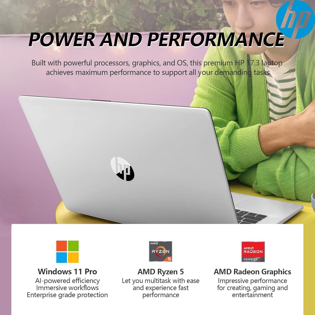 HP 17.3 Inch FHD Business Laptop with MS Office for The Web, AMD Ryzen 5 7430U (Beats Core i7-1355U), 64GB RAM, 1.5TB Storage(1TB SSD + 500GB External Drive), Windows 11, WOWPC 3-in-1, No Mouse