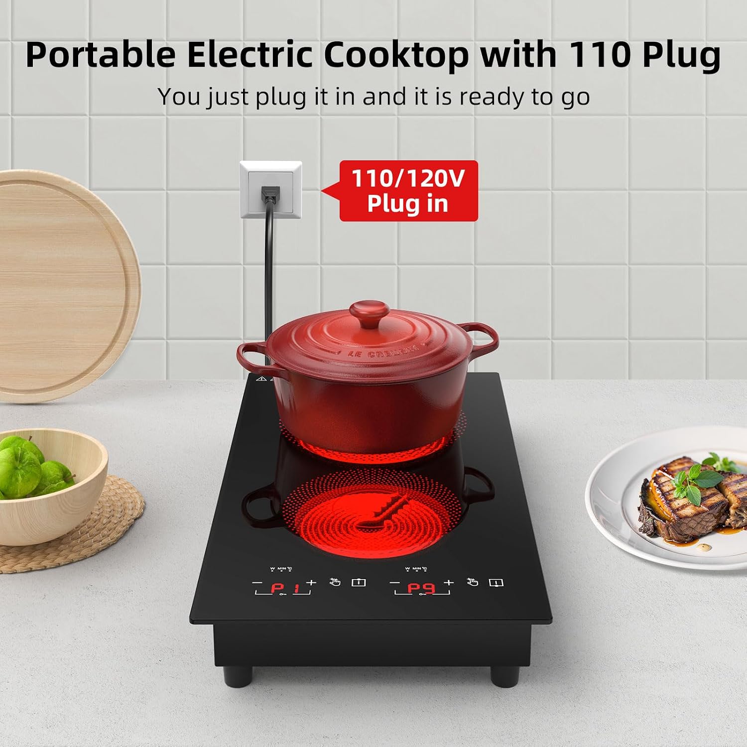 Electric Cooktop 2 Burners 2100W, 110v-120v Electric Stove Top 12 inch, Countertop & Built-in Cooktop, 20 Temperature 9 Power Levels, Child Lock, Timer, Over-Heat Protection