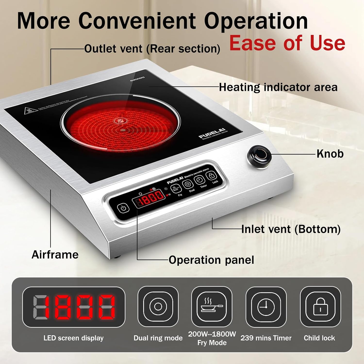 1800W Hot Plate Electric, 9 Power Levels Commercial-Grade Induction Cooktop, Portable Infrared Burner with Timer and Child Safety Lock, for Apartment, Dorm, RV and Restaurant