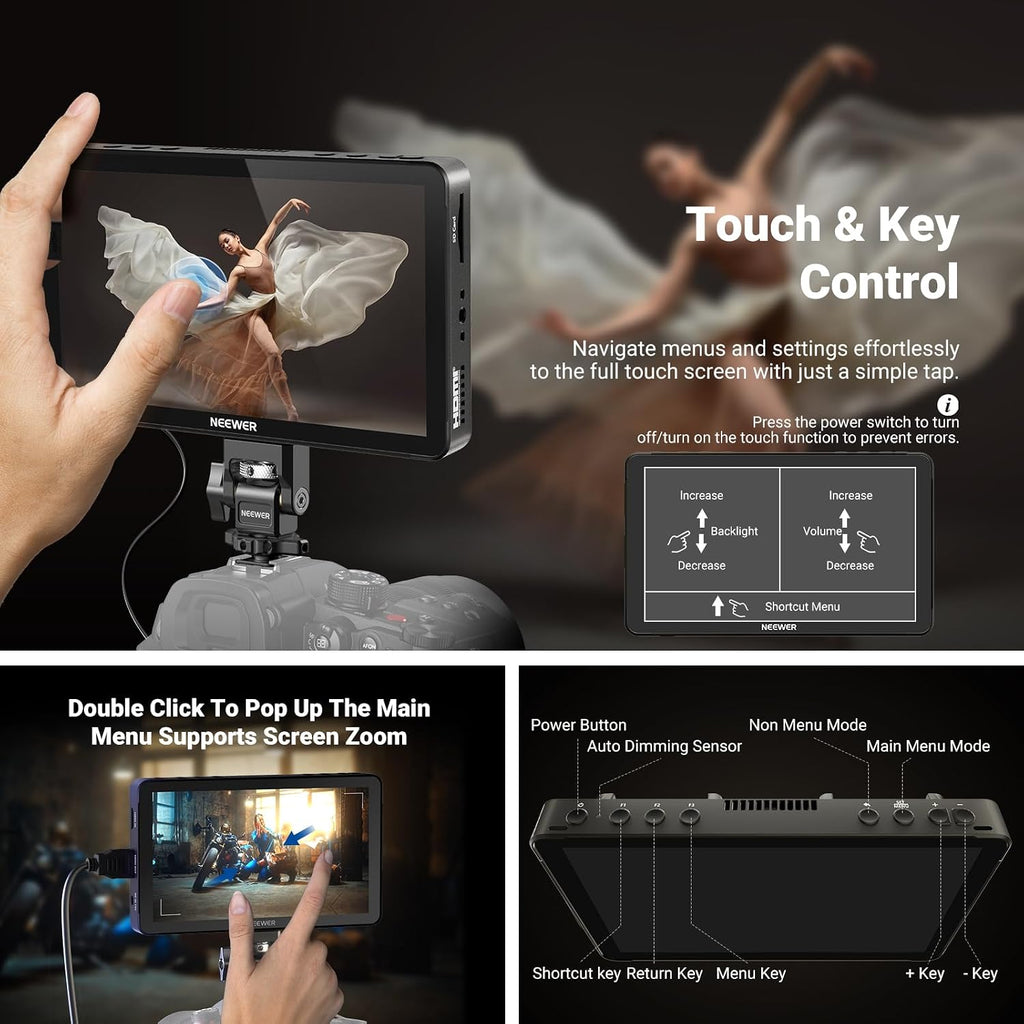 NEEWER 7' DSLR Camera Field Monitor, 1200nits 1920x1080 Touchscreen, 4K HDMI Loop in/Out with 3D LUT Peak Focus Video Assist HDR Waveform/SDI/2 4400mAh F750 Batteries for Photography Filmmaking, F700U