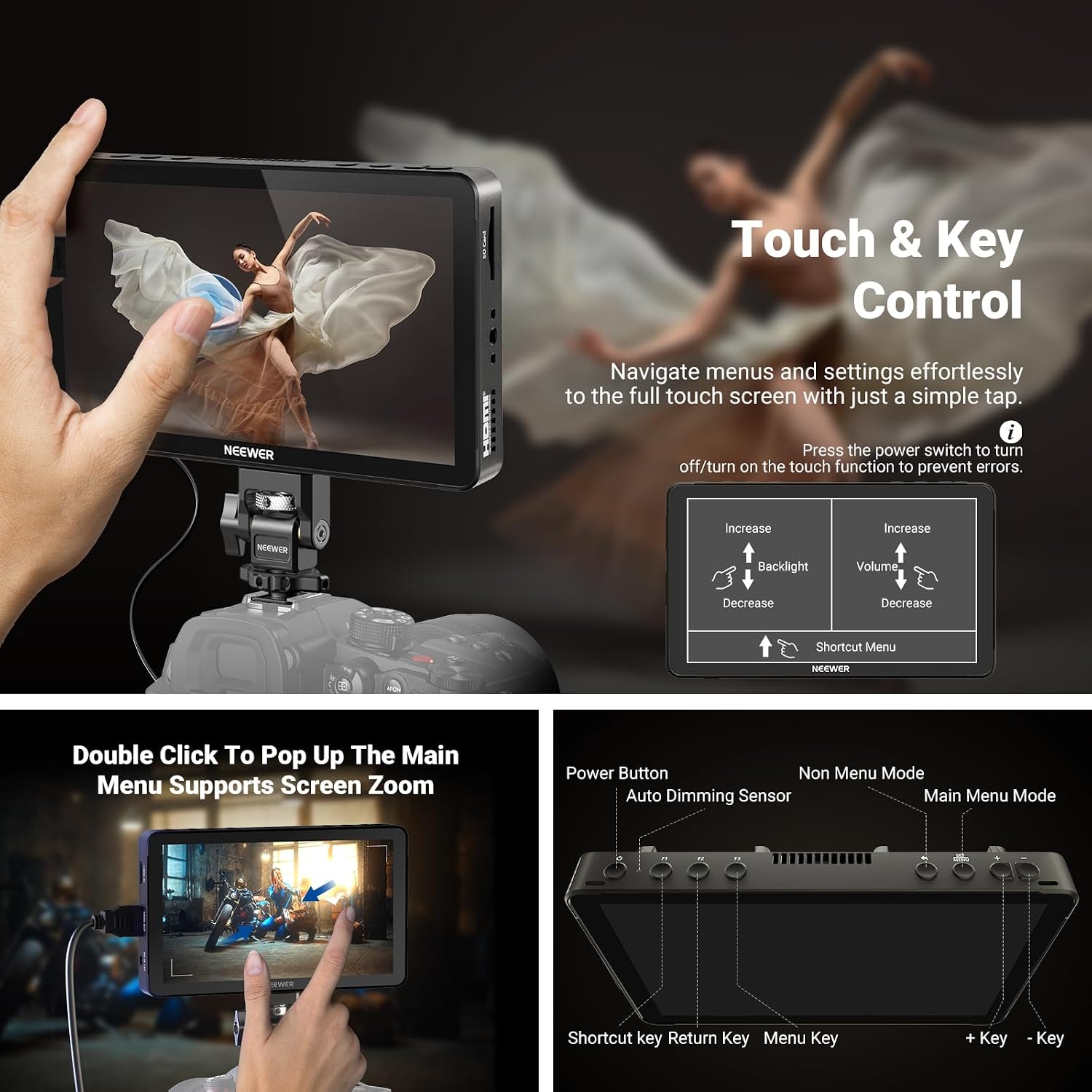 NEEWER 7' DSLR Camera Field Monitor, 1200nits 1920x1080 Touchscreen, 4K HDMI Loop in/Out with 3D LUT Peak Focus Video Assist HDR Waveform/SDI/2 4400mAh F750 Batteries for Photography Filmmaking, F700U