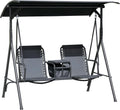 Outsunny 2-Seater Patio Swing Chair, Outdoor Canopy Swing Glider with Pivot Storage Table, Cup Holder, Adjustable Shade, Bungie Seat Suspension and Weather Resistant Steel Frame, Black