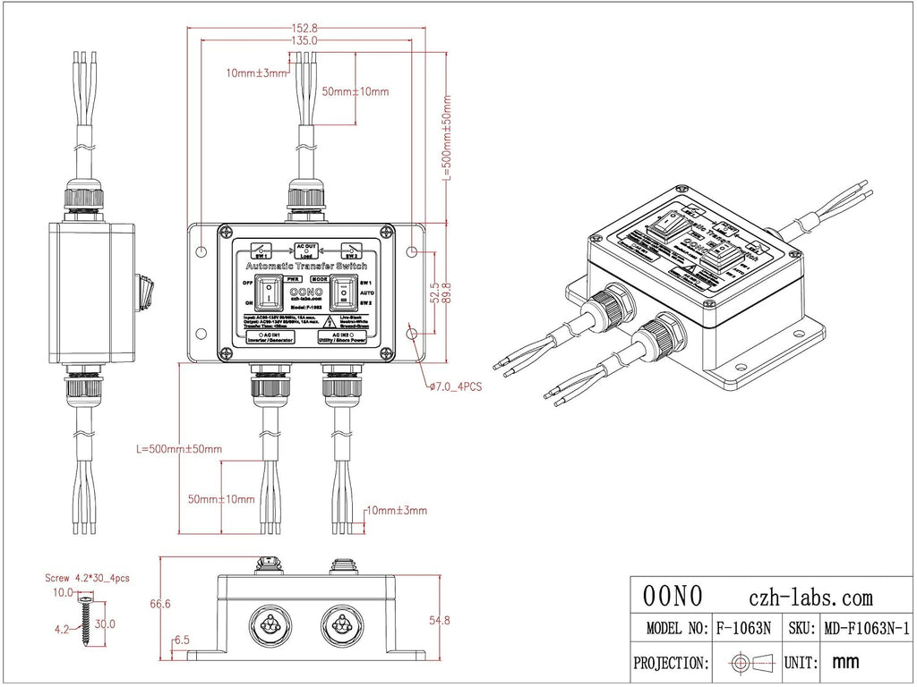 Manual and Automatic Transfer Switch, AC120V 15A ATS Auto Transfer Switch (Core Wires Connects)