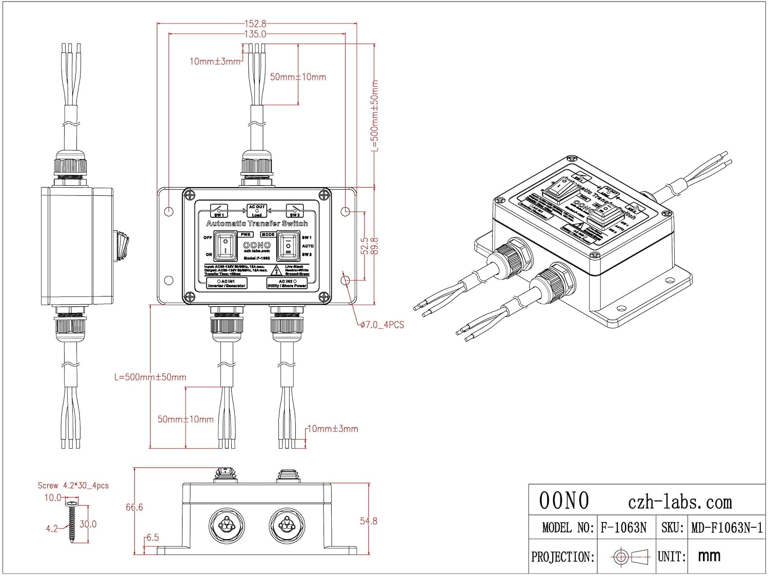 Manual and Automatic Transfer Switch, AC120V 15A ATS Auto Transfer Switch (Core Wires Connects)