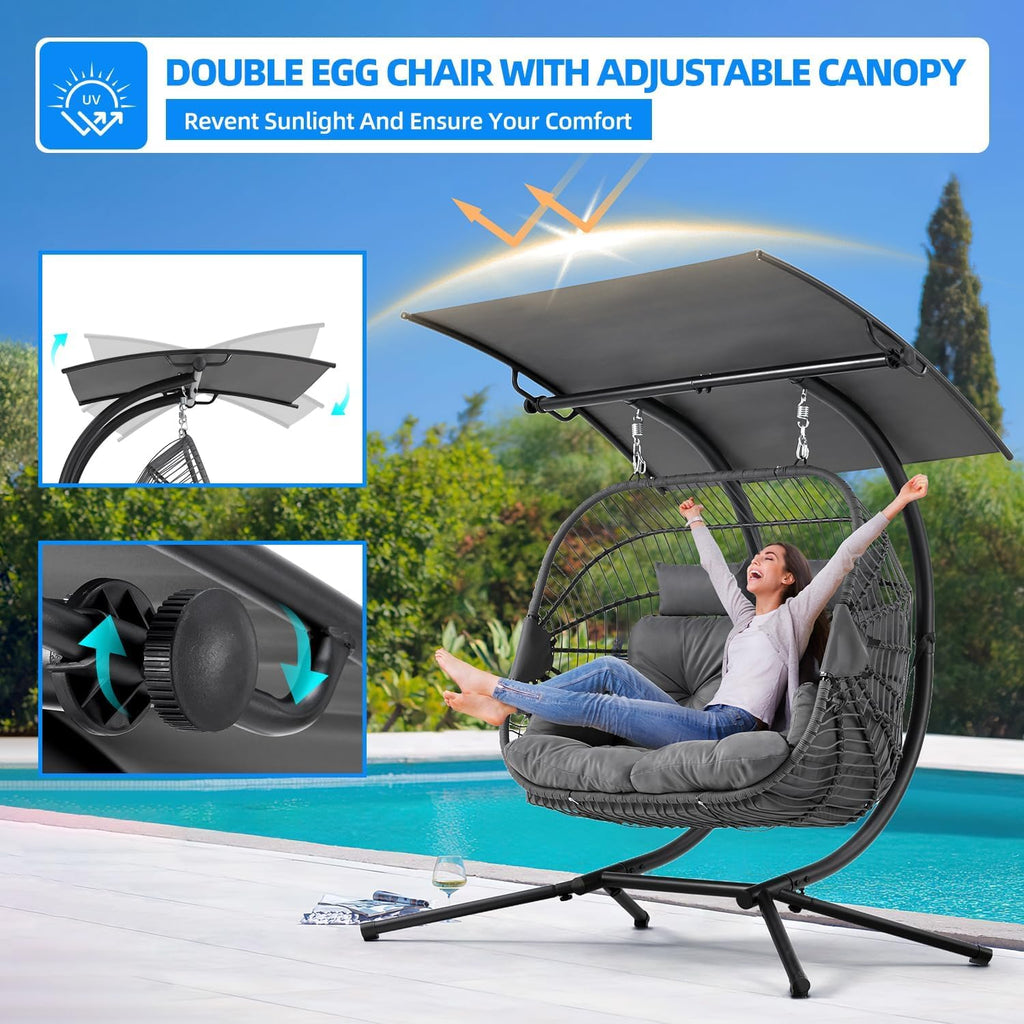 YOLENY Double Egg Chair with Adjustable Canopy, Oversized Hanging Swing Chair, Hammock Chair with Cushion Basket Hammock Nest Chair, Swinging Loveseat for Outdoor Patio, Balcony, Garden