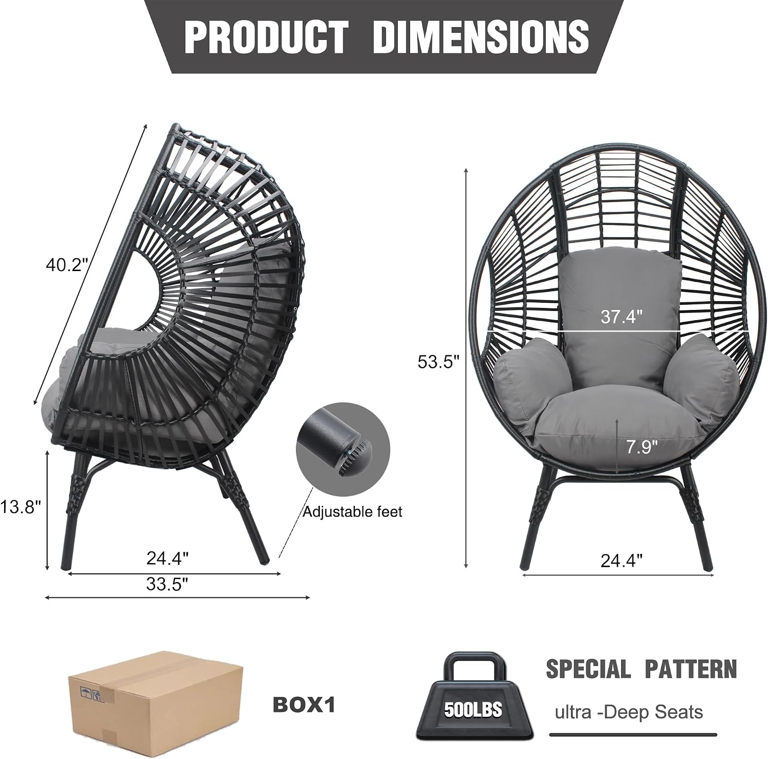 Oversized Wicker Egg Chair, Outdoor Indoor Rattan Patio Egg Lounge Chairs with Cushion 500lbs Capacity for Living Room, Balcony, Backyard(Black)