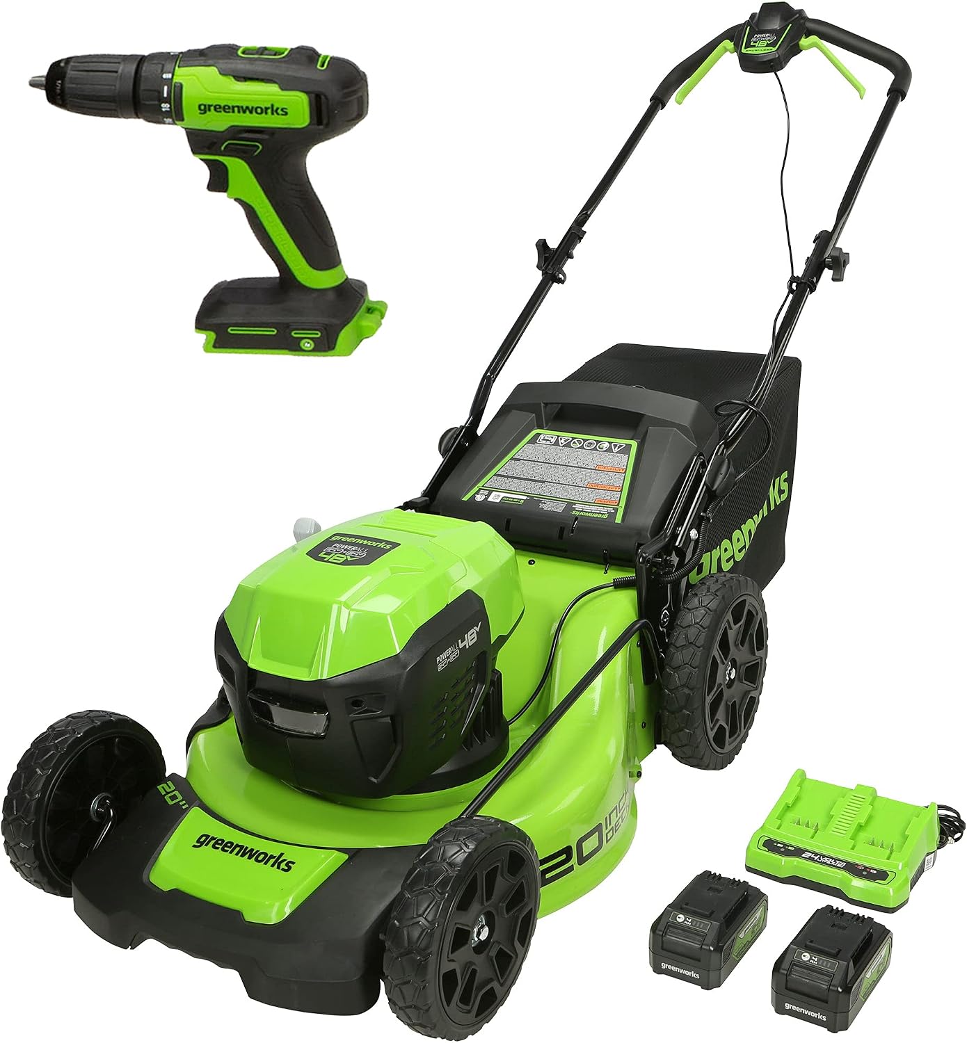 Greenworks 48V (2 x 24V) 20' Brushless Cordless Push Lawn Mower + 24V Brushless Drill / Driver, (2) 4.0Ah USB Batteries (USB Hub) and Dual Port Rapid Charger Included