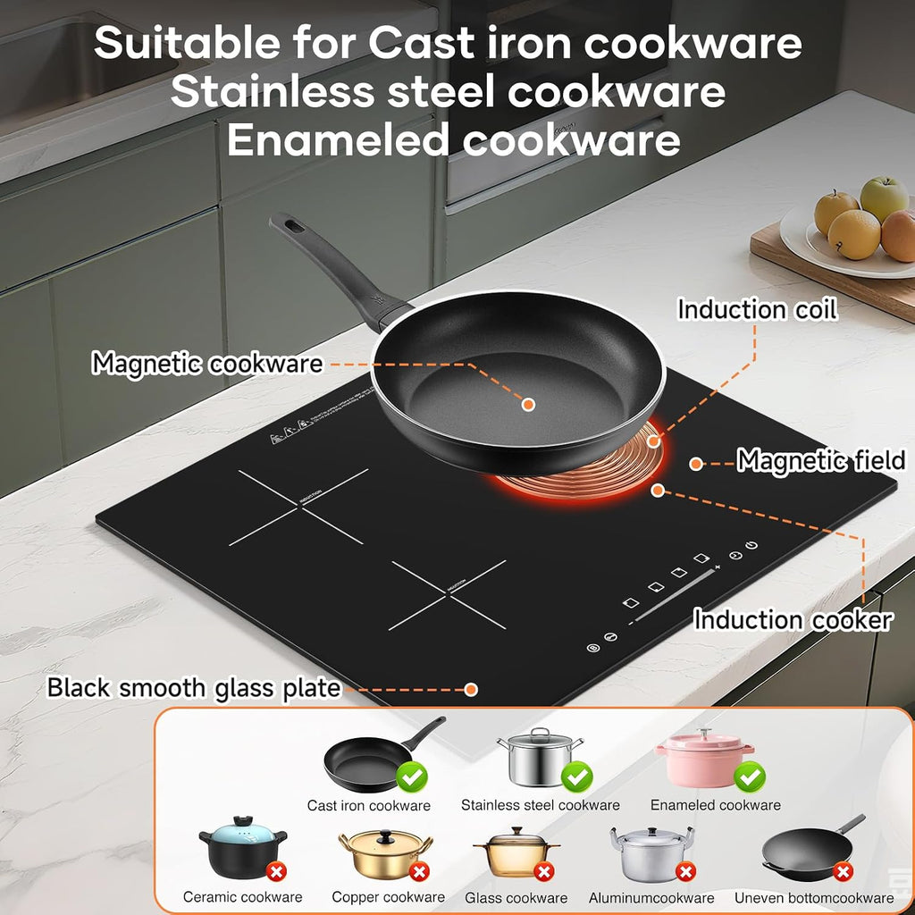 24' Built-in Induction Cooktop 5400W, 3 Burner Electric Stove for Kitchen Countertop, Touch Control, Safety Lock, Easy Clean Glass Surface