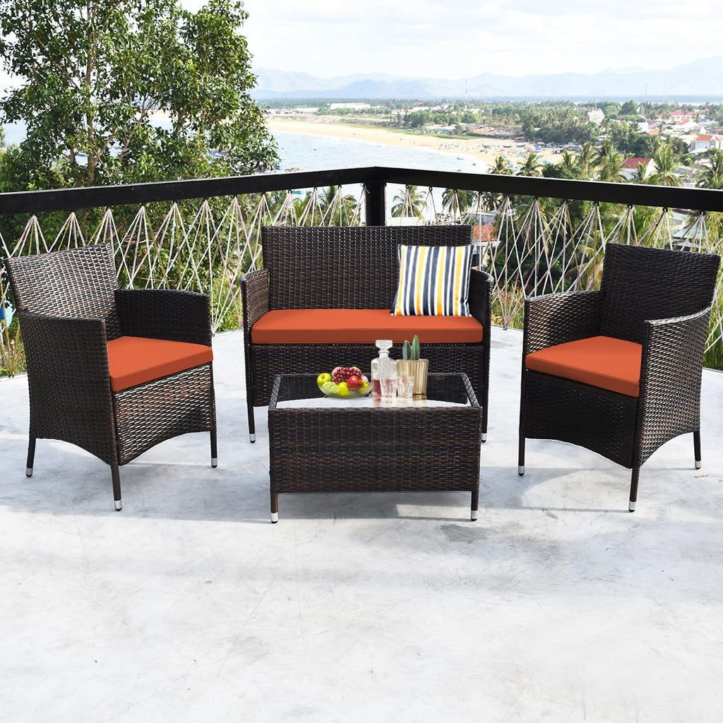 Goplus 4-Piece Rattan Patio Set, Outdoor/Indoor Wicker Conversation Set for Pool, Backyard, Lawn, Wicker Chairs and Sofa with Soft Cushion, Rattan Furniture with Tempered Glass Coffee Table