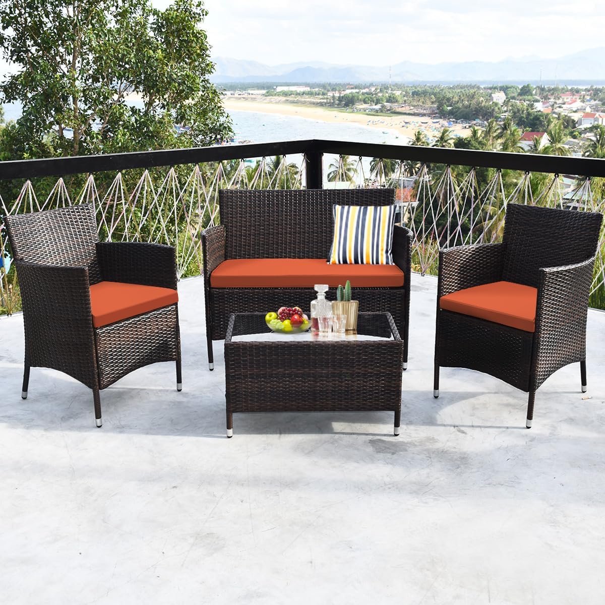 Goplus 4-Piece Rattan Patio Set, Outdoor/Indoor Wicker Conversation Set for Pool, Backyard, Lawn, Wicker Chairs and Sofa with Soft Cushion, Rattan Furniture with Tempered Glass Coffee Table
