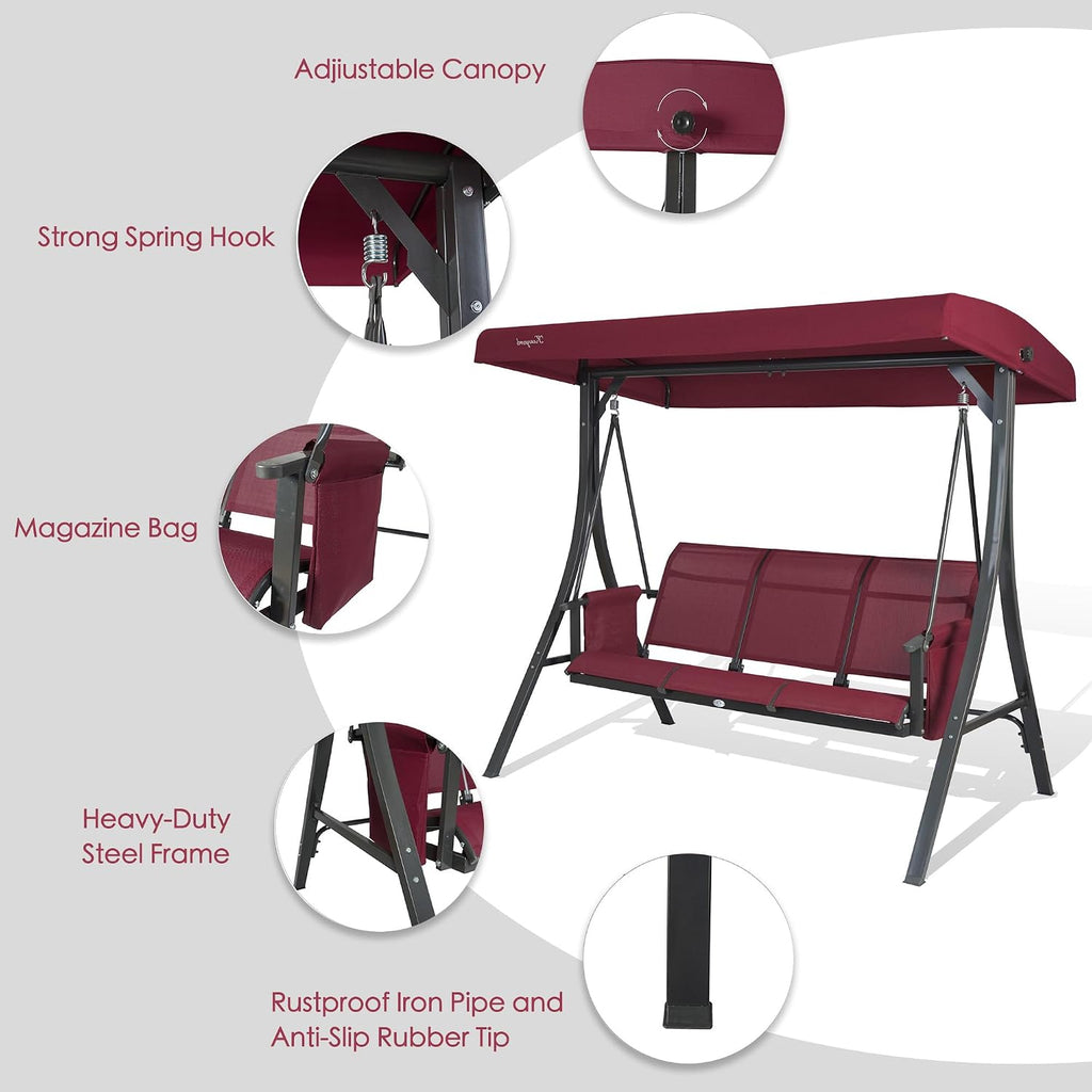 Kozyard Brenda 3-Seat Outdoor Porch Swing Glider, Patio Swing with Adjustable Canopy, Steel Frame, Breathable Textilene Seat & Back, Side Pockets (Burgundy)