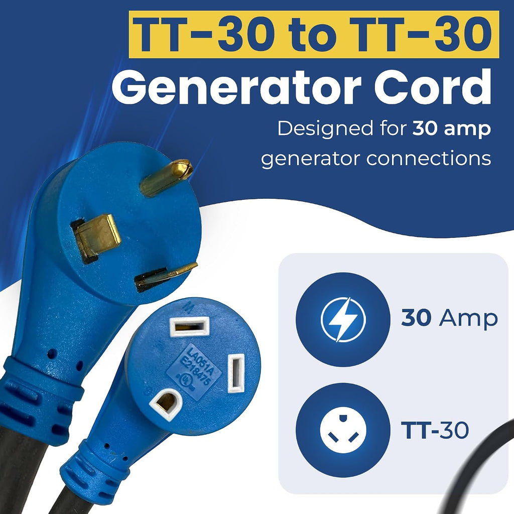 Amp Up 30 Amp Generator Cord, 75ft Heavy Duty NEMA 30amp Generator Power Cord/ 3 Prong Extension Cable with TT-30 Molded Ends, Stow 3C Cable, and UL Listed from US Company