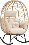 SWITTE Wicker Egg Rocking Chair Outdoor, Oversized Patio Lounge Chairs with Cushion for Indoor Living Room, Bedroom, Outside Backyard Balcony-Beige