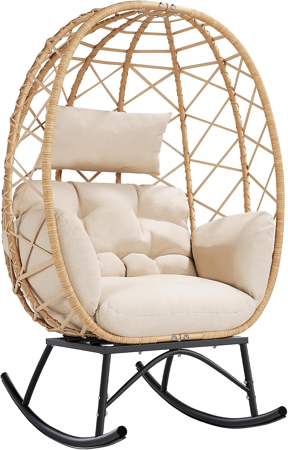 SWITTE Wicker Egg Rocking Chair Outdoor, Oversized Patio Lounge Chairs with Cushion for Indoor Living Room, Bedroom, Outside Backyard Balcony-Beige