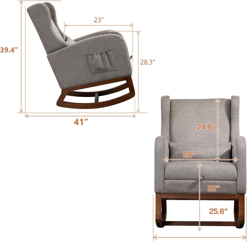 Modern Rocking Chair Nursery Glider, Comfy Rocker Nursery Chair with Foot Rest, Accent Reading Armchair with Pillow and Pocket, Upholstered Lounge Rocker with Solid Wood Base for Relaxing (Taupe)