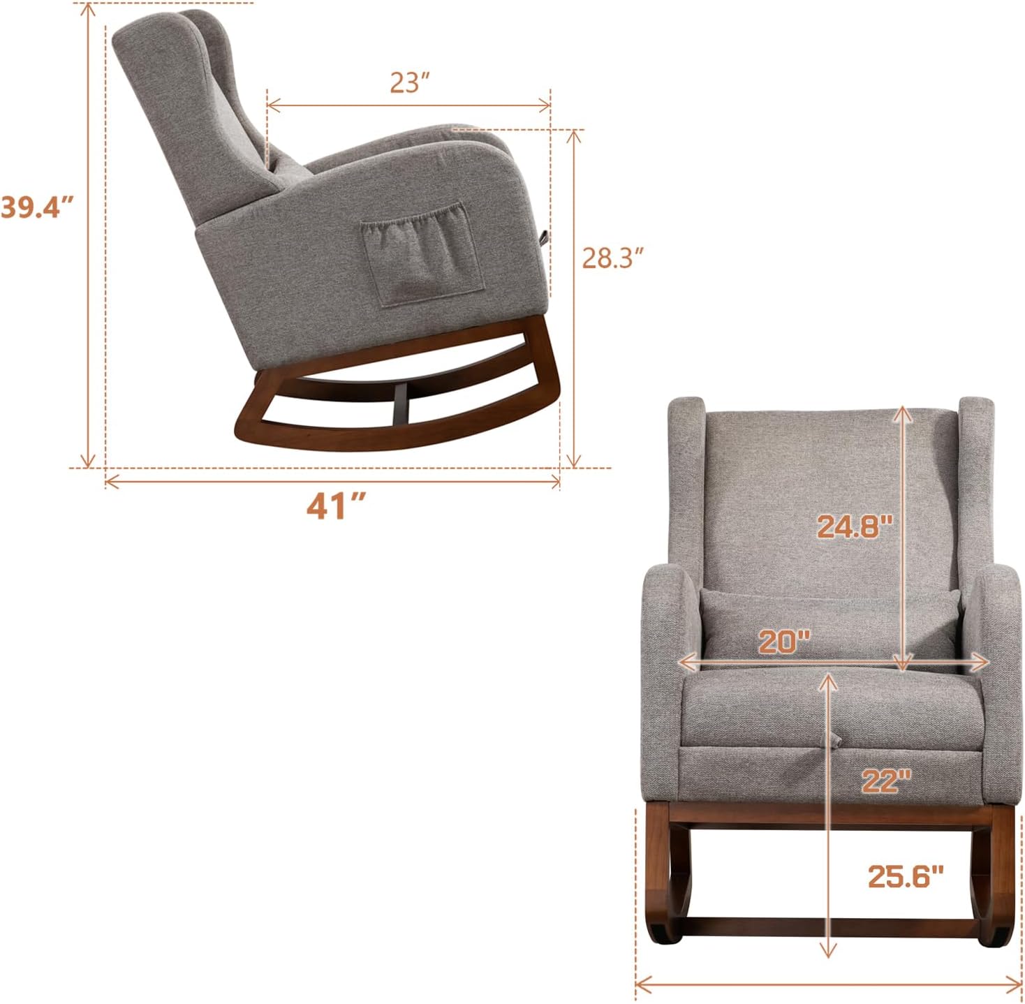 Modern Rocking Chair Nursery Glider, Comfy Rocker Nursery Chair with Foot Rest, Accent Reading Armchair with Pillow and Pocket, Upholstered Lounge Rocker with Solid Wood Base for Relaxing (Taupe)