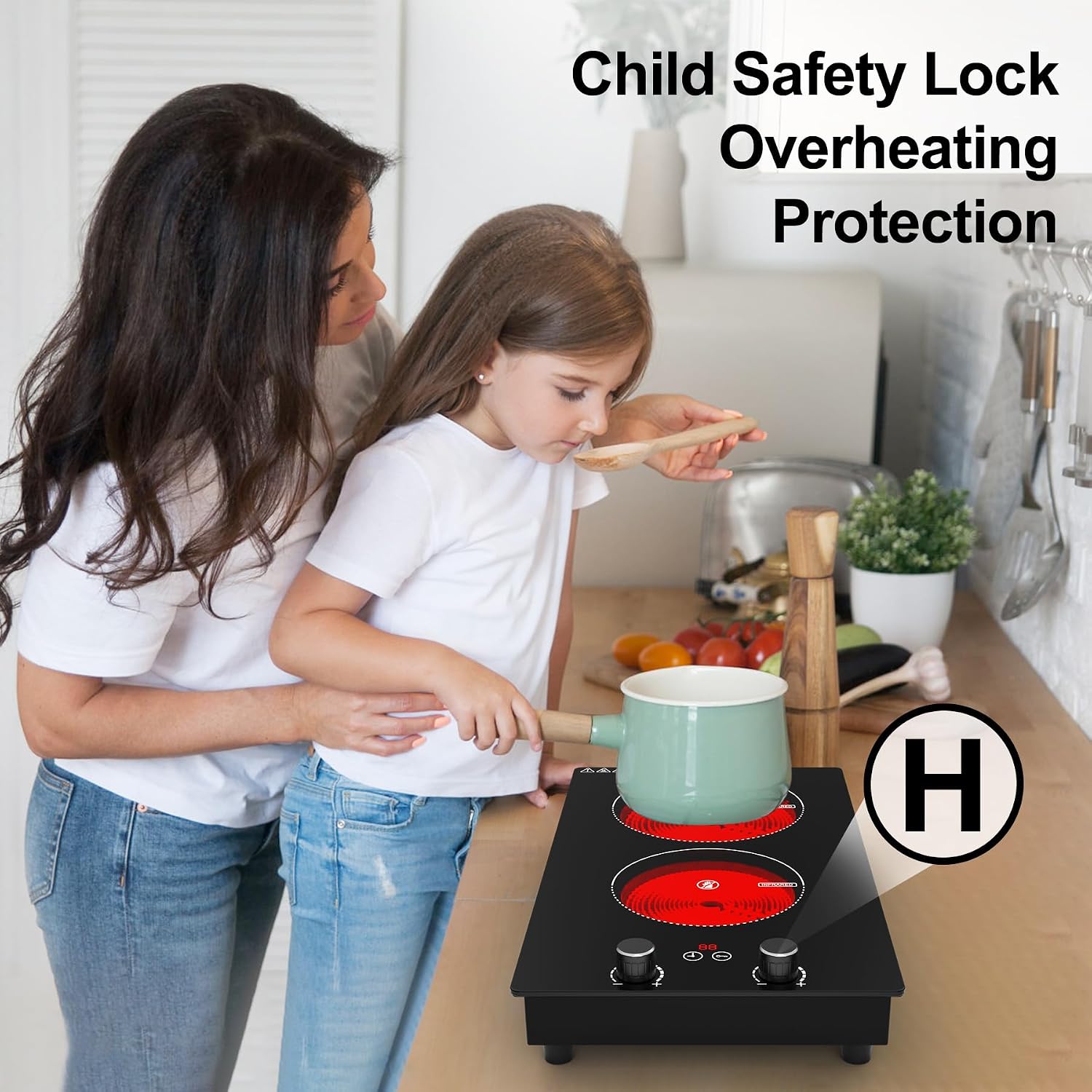 Electric Cooktop, 2 Burner Ceramic Cooktop 2400W 110V, Built-in or Countertop with Touch and Knob Control, 10 Power Levels, Child Lock, Timer, Hot Surface Indicator, Overheat Protection