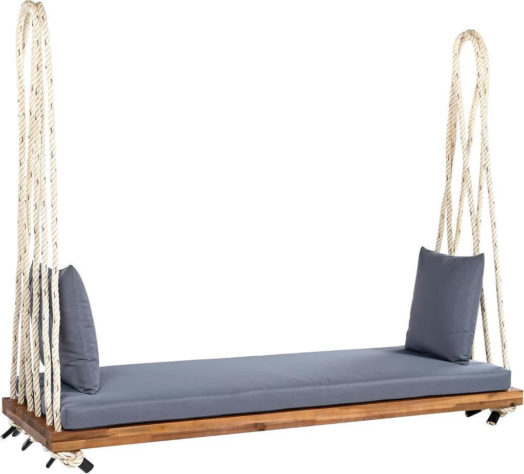 YOPTO Acacia Wood Porch Swing Bench with Cushion & Pillows, 63' Outdoor Hanging Bench for 2 Adults, Rustic Heavy Duty 10.8ft Ropes Swing Daybed for Patio Backyard Garden, White