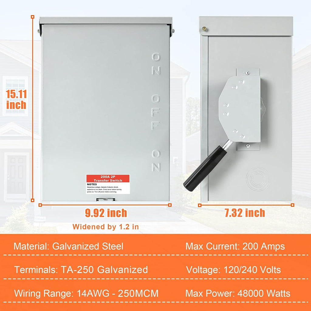 Upgraded 200 Amp 2 Pole Manual Transfer Switch, 120/240-Volt 48,000-Watt Transfer Switch for Home Generator, Meeting NEMA 3R Standards for Outdoor and Indoor, with Integrated Neutral