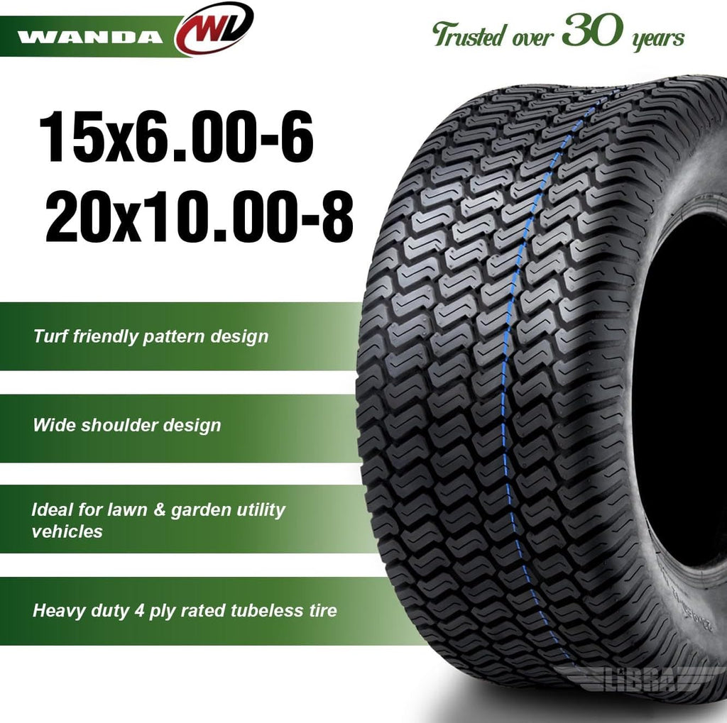 WANDA Set 4 Lawn Mower Turf Tires 15x6-6 Front & 20x10-8 Rear /4PR -13016/13040