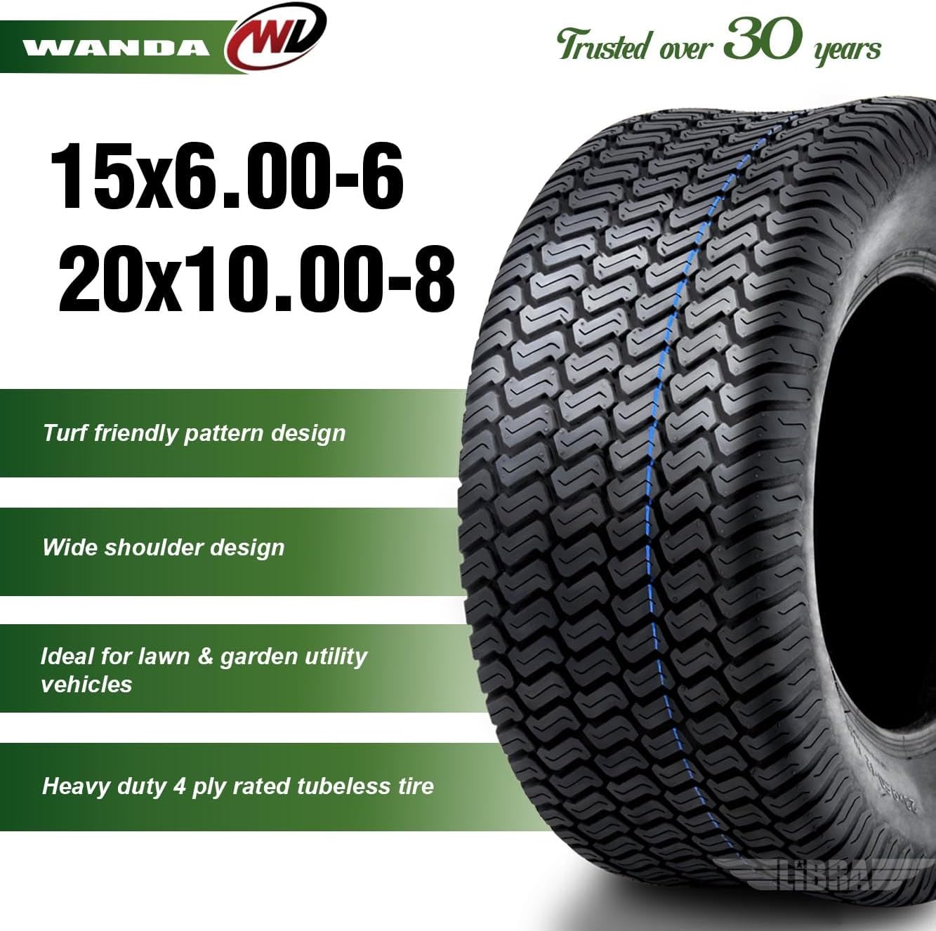 WANDA Set 4 Lawn Mower Turf Tires 15x6-6 Front & 20x10-8 Rear /4PR -13016/13040