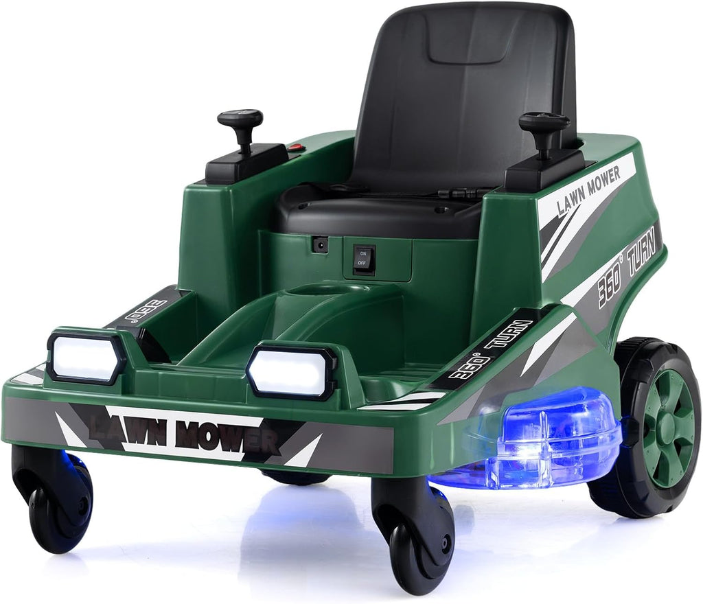 Costzon Ride on Lawn Mower for Kids, 12V Toddler Electric Car with 360° Twist and Turn, Dual Control Sticks, LED Lights, Outdoor Ride on Toy Gift for Boys & Girls Aged 3-8 (Dark Green)