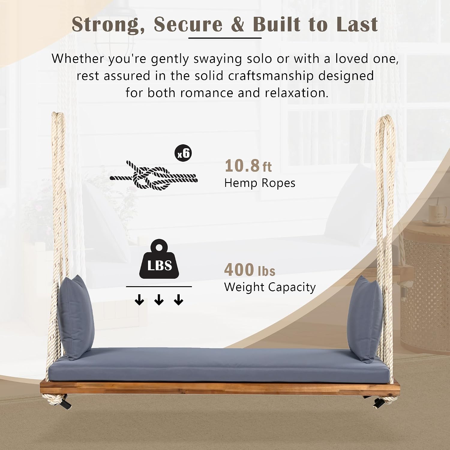 YOPTO Acacia Wood Porch Swing Bench with Cushion & Pillows, 63' Outdoor Hanging Bench for 2 Adults, Rustic Heavy Duty 10.8ft Ropes Swing Daybed for Patio Backyard Garden, White