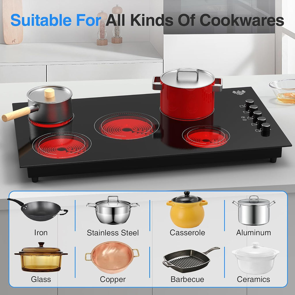 VBGK Electric Cooktop 36 inch,Built-in 36 inch Electric Cooktop 8000W Power Control by Knob, 36 induction cooktop with 9 Power Levels with Child Safety Lock, Timer,Over-Temperature 220V-240V.