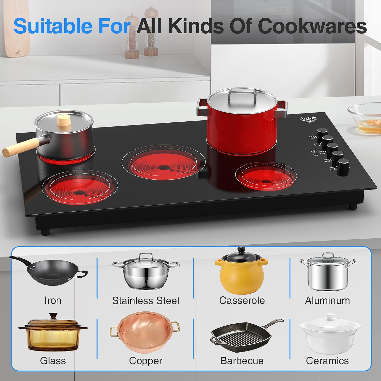 VBGK Electric Cooktop 36 inch,Built-in 36 inch Electric Cooktop 8000W Power Control by Knob, 36 induction cooktop with 9 Power Levels with Child Safety Lock, Timer,Over-Temperature 220V-240V.