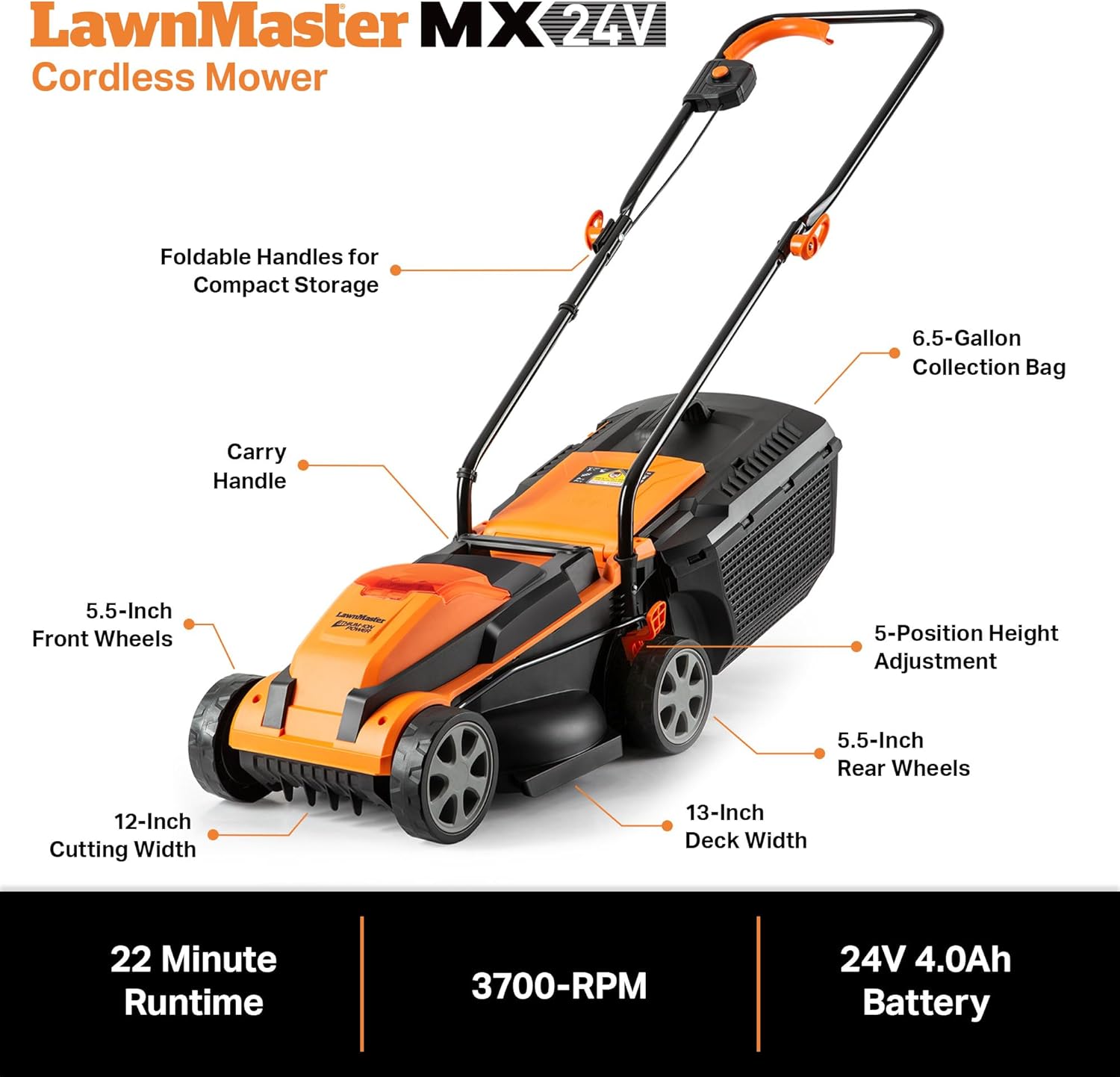 LawnMaster 20VMWGT 24V Max 13-inch Lawn Mower and Grass Trimmer 10-inch Combo with 2x4.0Ah Batteries and Charger
