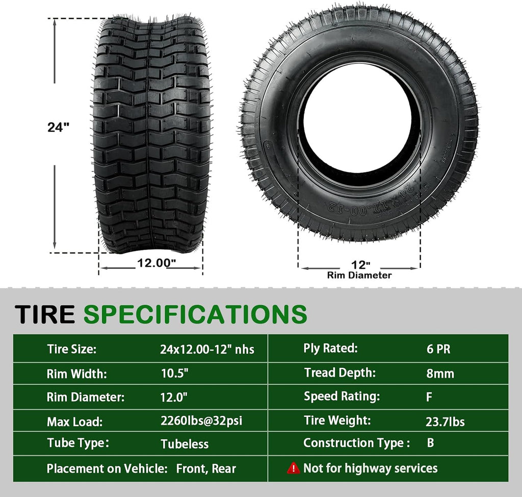 TRIPOWER 24x12.00-12 Lawn Mower Tires - 24x12x12 Turf Tires for Riding Mower and Lawn Garden Tractor, Durable, 6PR Tubeless, 2260lbs Capacity, Set of 2, Tire Only