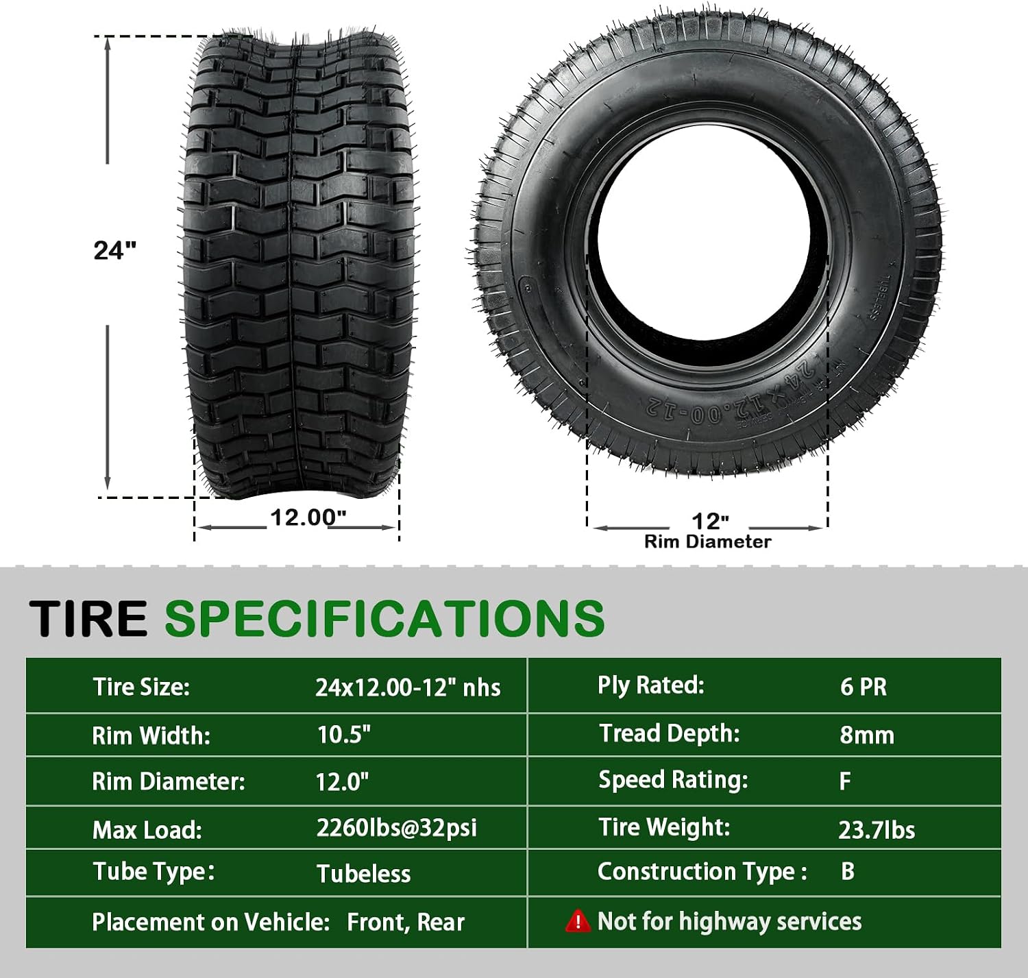 TRIPOWER 24x12.00-12 Lawn Mower Tires - 24x12x12 Turf Tires for Riding Mower and Lawn Garden Tractor, Durable, 6PR Tubeless, 2260lbs Capacity, Set of 2, Tire Only
