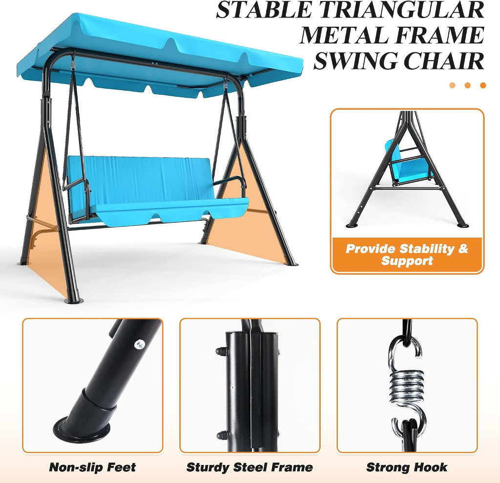 GARTOO 3-Seat Patio Swing Chair, Outdoor Porch Swing with Adjustable Canopy and Durable Steel Frame for Patio, Garden, Poolside(Turquoise)