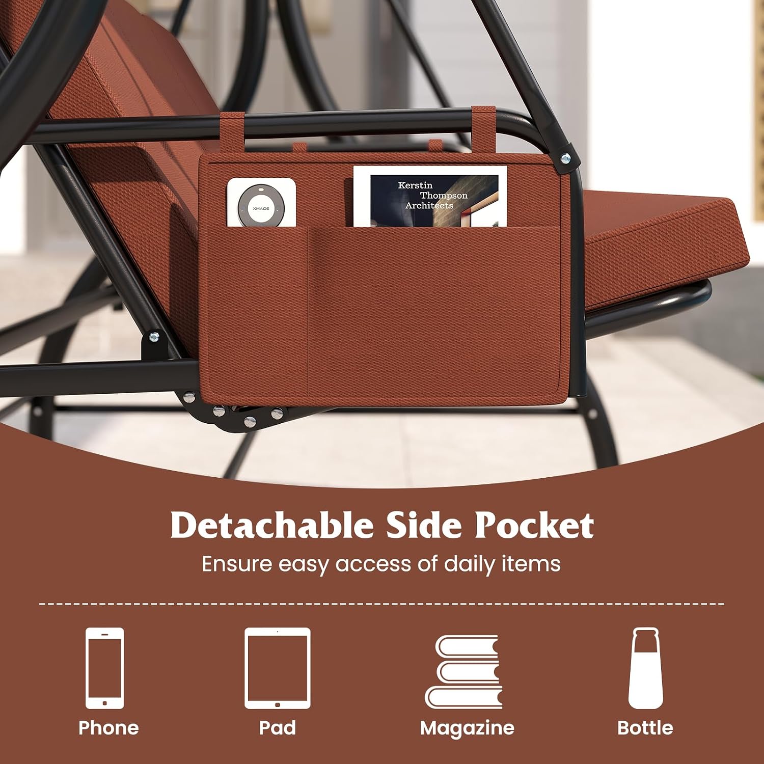 Tangkula 3 Person Porch Swing, 2-in-1 Convertible Outdoor Swing with Adjustable Canopy, Removable Cushions, Metal Frame, Side Pockets for Backyard, Garden, Porch (Brown)