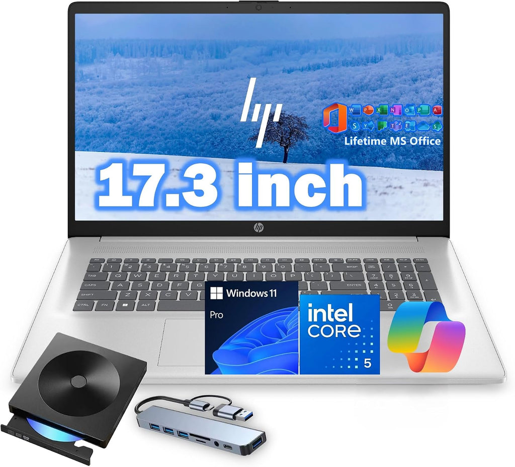 HP 17.3' FHD Laptop Computer, Intel Core i5-1334U, 16GB RAM, 1TB PCI-E SSD, Windows 11 Pro, Free Lifetime MS Office • Copilot AI, Intel Iris Xe Graphics, 8-in-1 HUB, Natural Silver