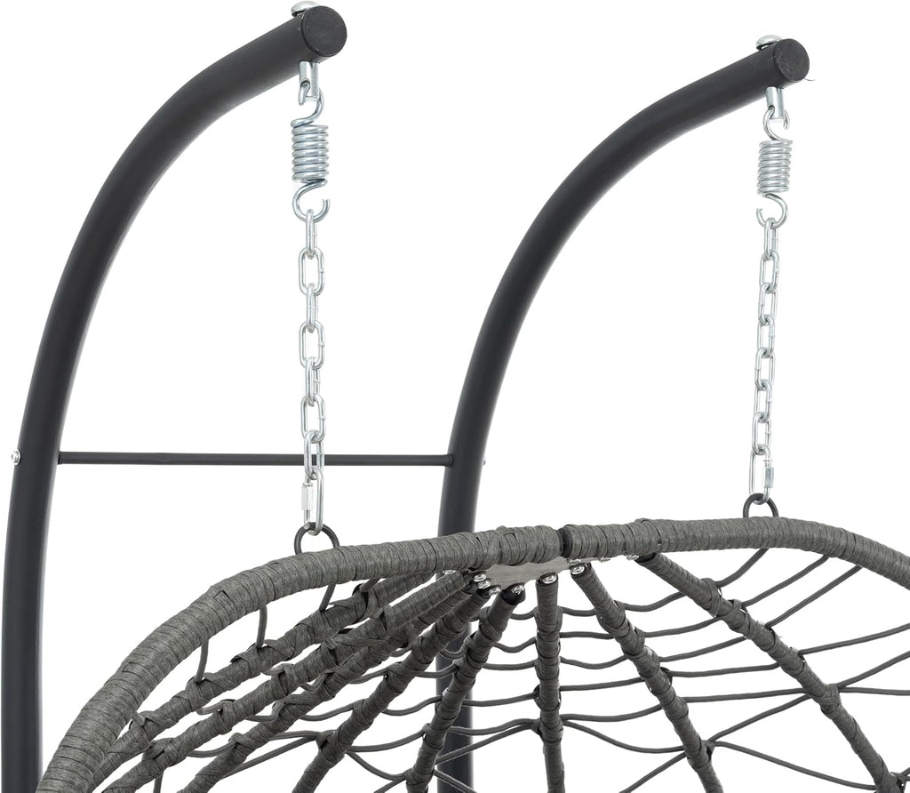 2 - Person Hanging Egg Chair with Stand, Steel Frame, for Outdoor & Indoor Use Double Wicker Egg Chair for Patio, Garden, or Balcony Light Gray