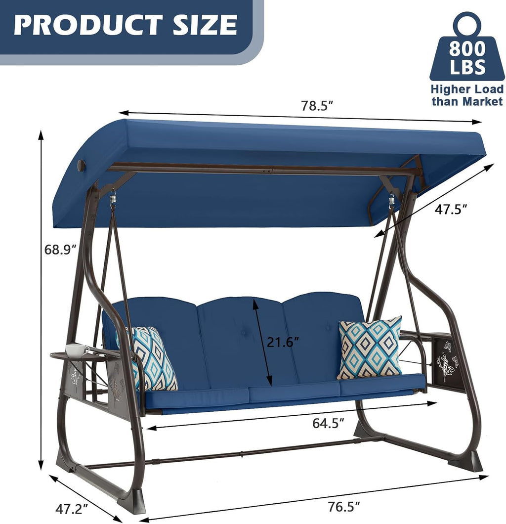 ZZW 3-Seat Patio Porch Swing 800LBS Outdoor Swing with Stand w/Canopy & Adjustable Backrest Patio Glider Chair w/Removable Pillows & Foldable Side Tray for Balcony Garden Deck (Blue)
