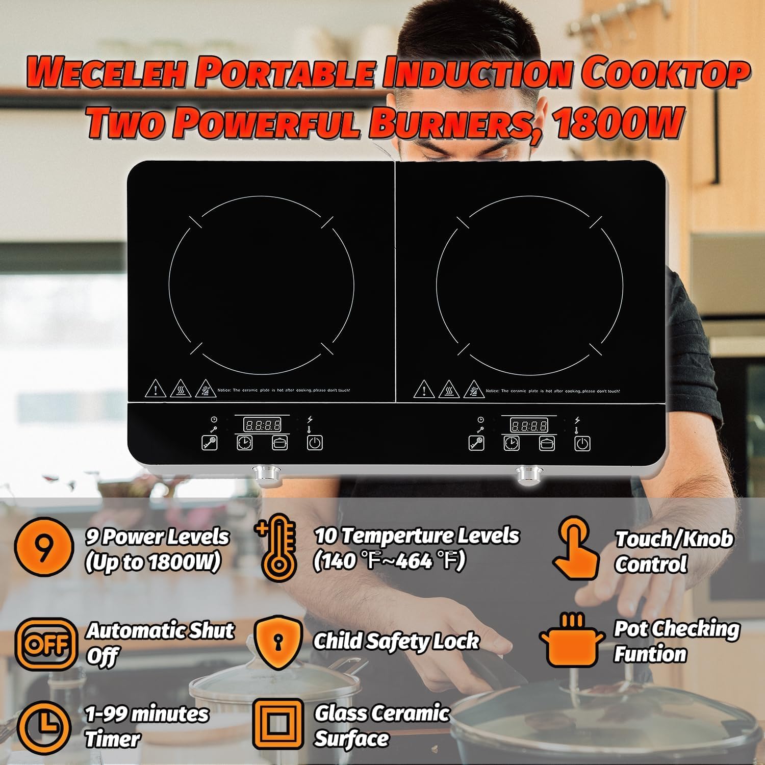 Portable Double Induction Cooktop, 1800W 2-Burner Electric Cooktop, Countertop Stove Top, Hot Plate, Induction Burner with Timer, 10 Temp Levels, Child Lock, 110V-120V Plug, Black