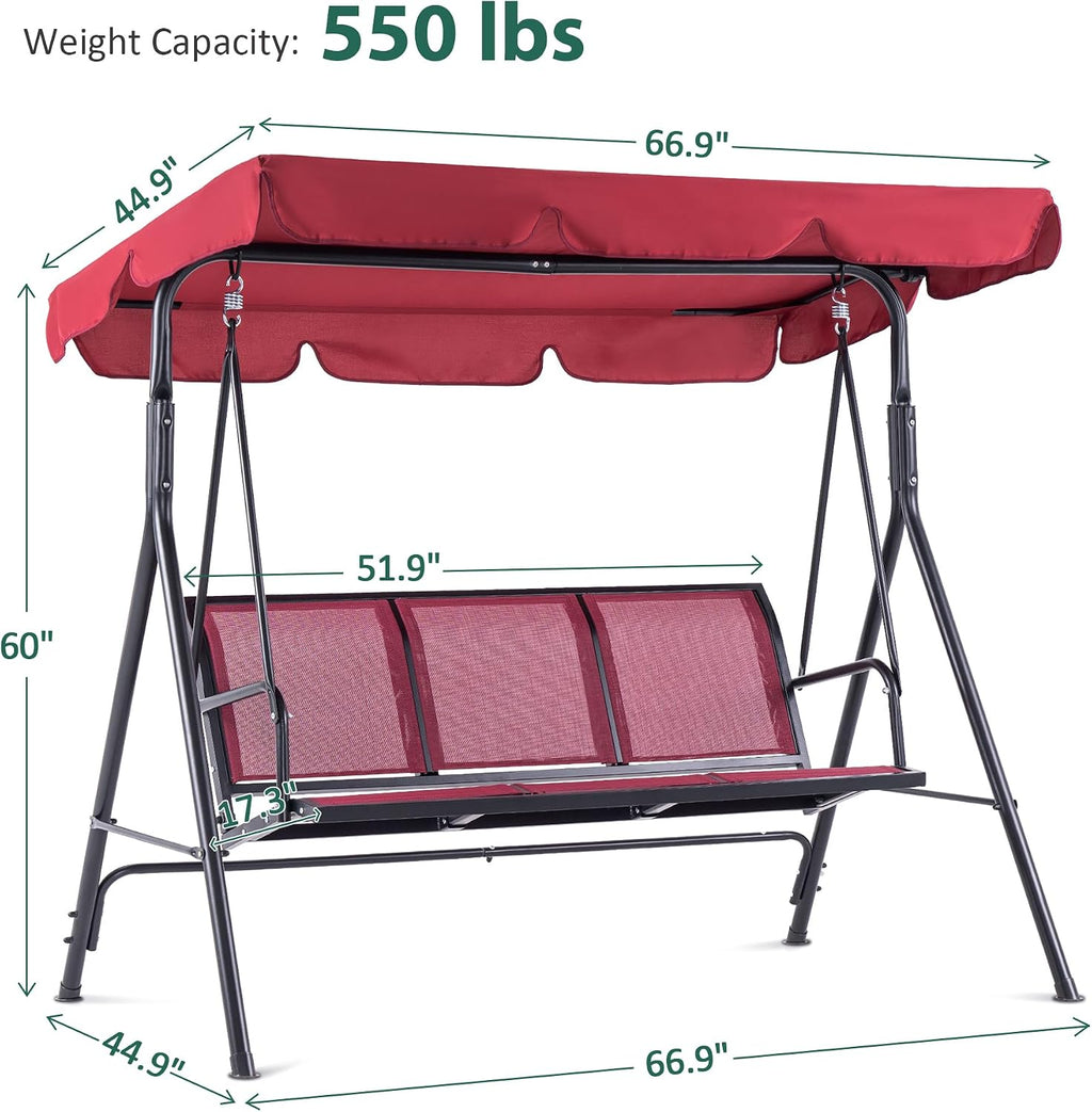 MCombo Outdoor Patio Canopy Swing Chair 3-Person, Steel Frame Textilence Seats Swing Glider, 4507 (Burgundy)